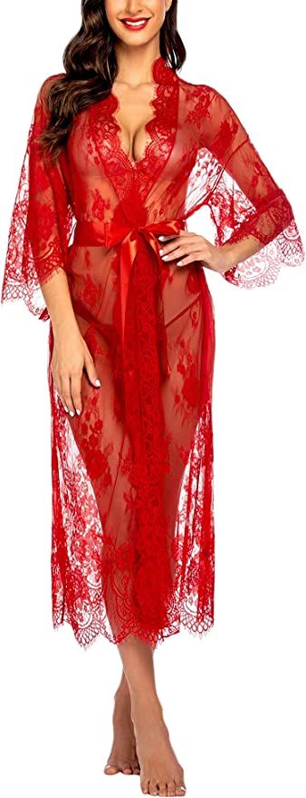 Avidlove Women Sexy Long Lace Lingerie Kimono Robe Sheer Babydoll Nightgown Nightdress | Amazon (US)