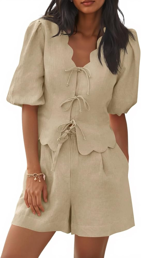 Cicy Bell Womens Summer 2 Piece Short Sets Puff Short Sleeve V Neck Bow Tie Front Tops Wide Leg S... | Amazon (US)