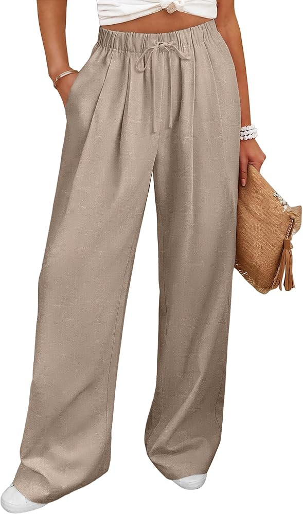 ANRABESS Women Wide Leg Linen Palazzo Pants Casual Elastic Waist Drawstring Flowy Loose Beach Tra... | Amazon (US)