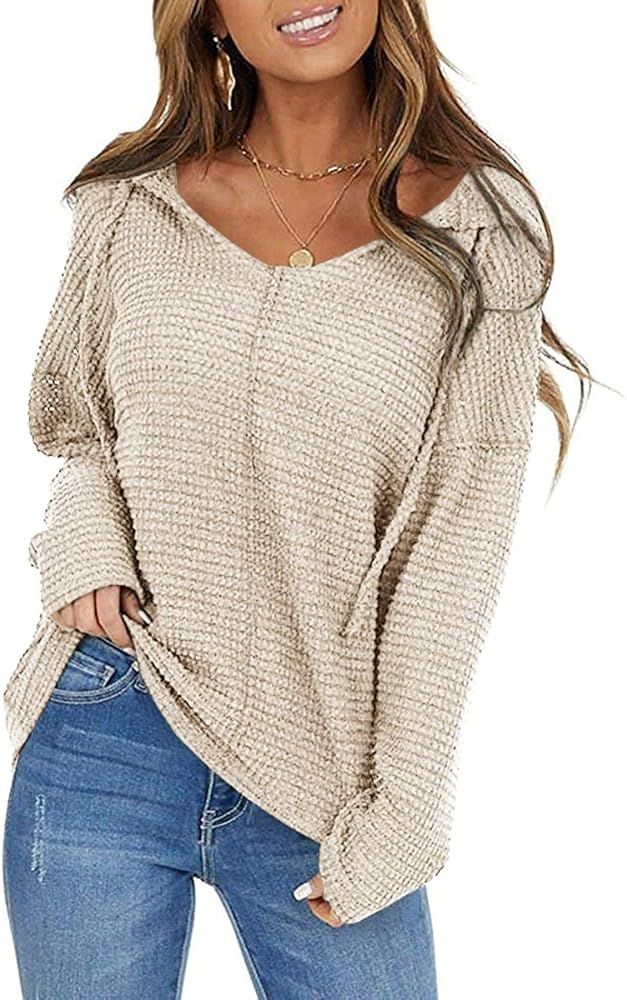 Niceyi Women's Loose Casual Long Sleeve Waffle Knit Sweatershirt Tops with Drawstring Hood Sweatersh | Amazon (US)