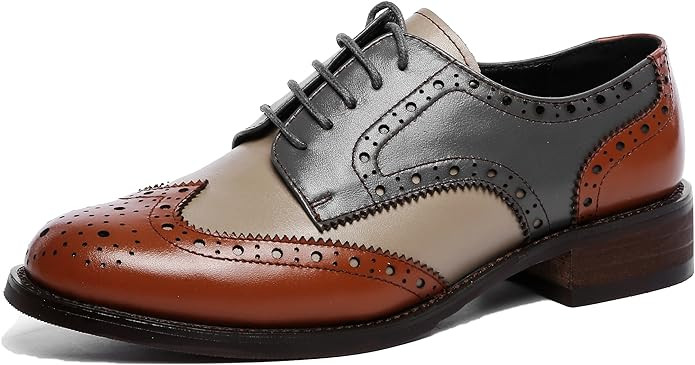 Women's Leather Oxford Shoes | Perforated Lace-up Wingtip Multicolor Vintage Flat Brouges | Amazon (US)