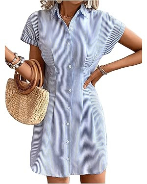 Milumia Women's Striped Button Front Cap Sleeve Collared Shirt Dress | Amazon (US)