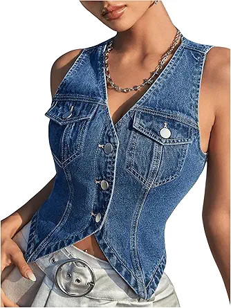 GORGLITTER Women's Y2K Denim Vest Sleeveless V Neck Denim Top Button Down Vest Jacket | Amazon (US)