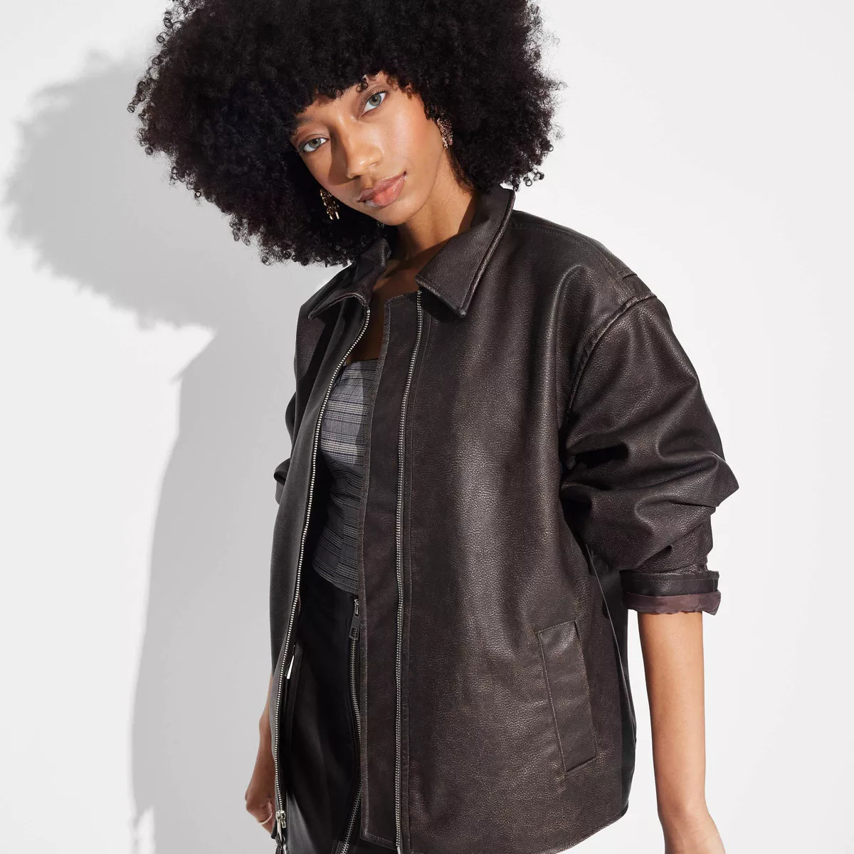 Women's Faux Leather Oversized Bomber Jacket - Wild Fable™ Dark Brown | Target