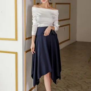Long-Sleeve Off-Shoulder Top / Midi A-Line Satin Skirt | YesStyle Global