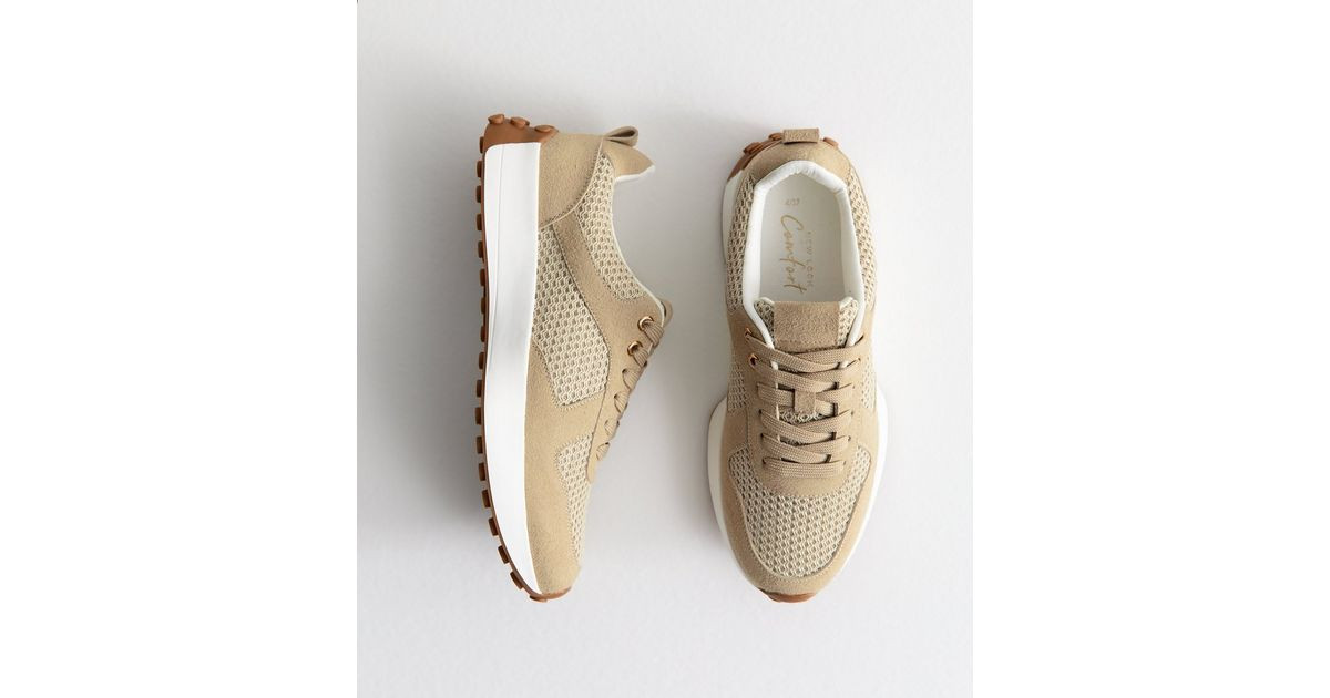 Cream Faux Suede And Raffia Look Panelled Trainers | New Look | New Look (UK)