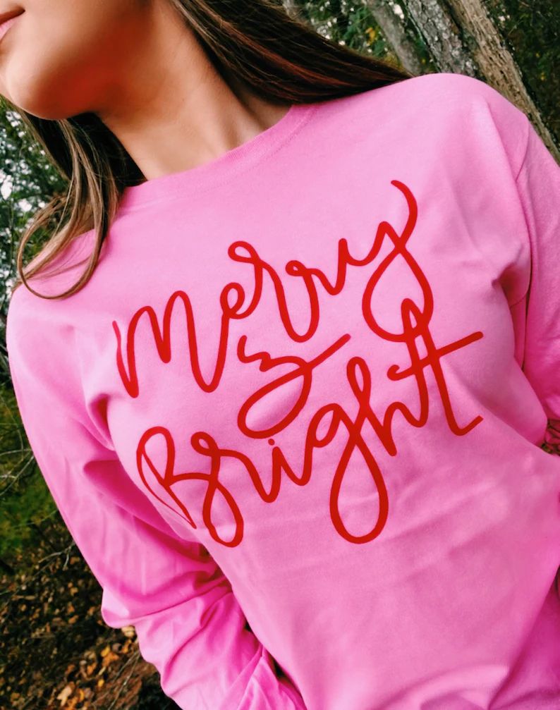 Pink merry & Bright Long Sleeve Tee - Etsy | Etsy (US)
