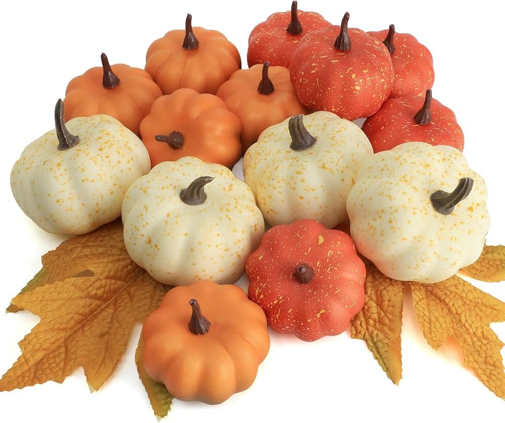 16PCS Realistic Mini Pumpkin Decor,Fall Decor with Pumpkins Maple Leaves, Artificial Pumpkin Deco... | Amazon (US)