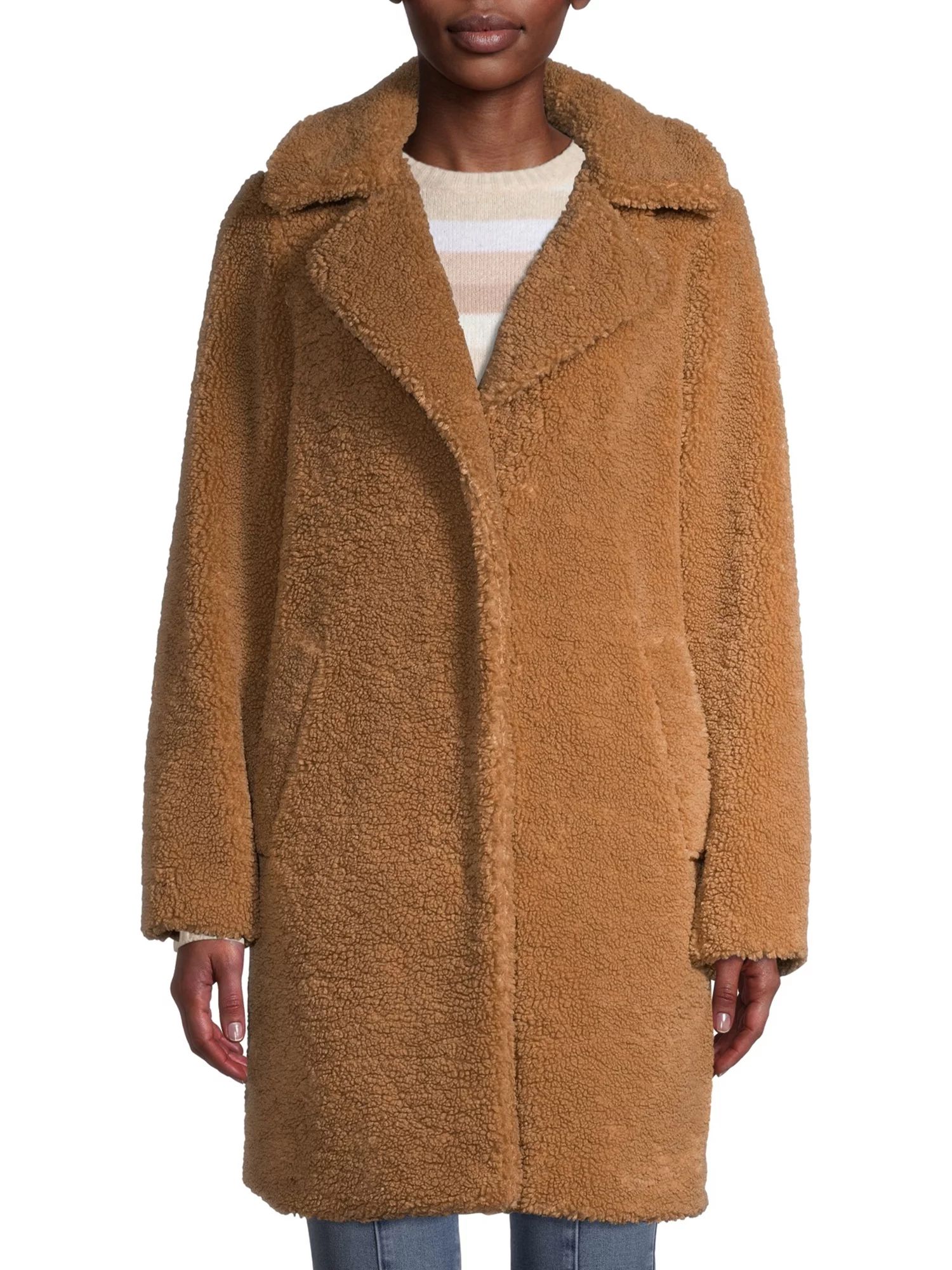 Time and Tru Women's Long Teddy Bear Faux Sherpa Coat | Walmart (US)