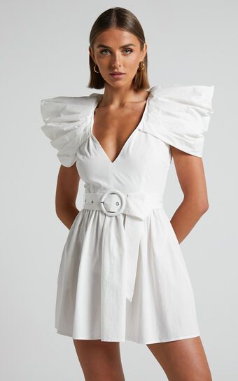 Haydie Mini Dress - Exaggerated Shoulder Belted Dress in White | Showpo (US, UK & Europe)