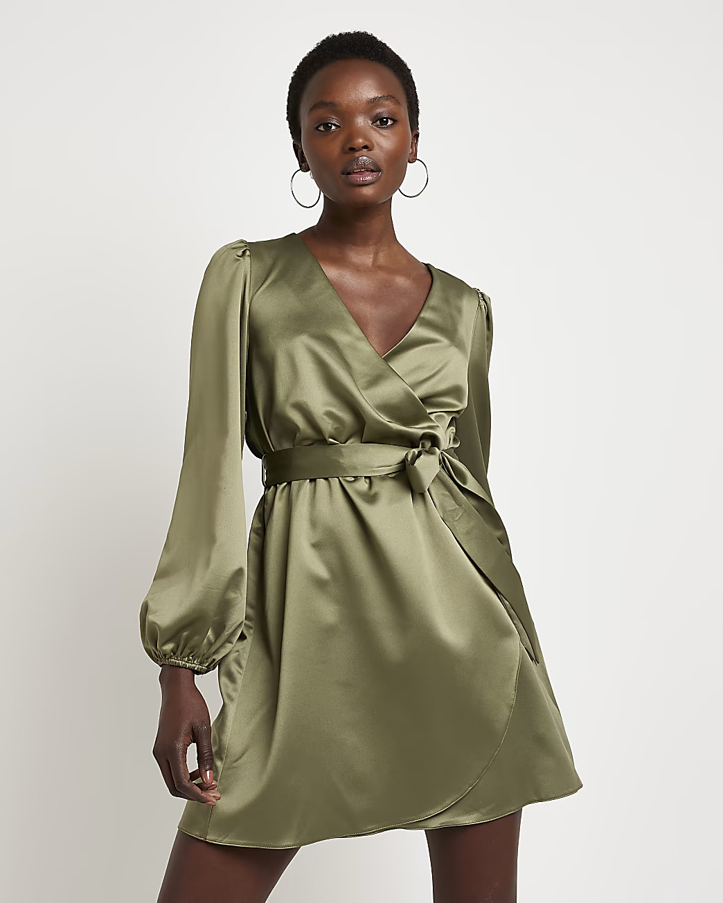 River Island Womens Khaki long sleeve satin wrap mini dress | River Island (US)