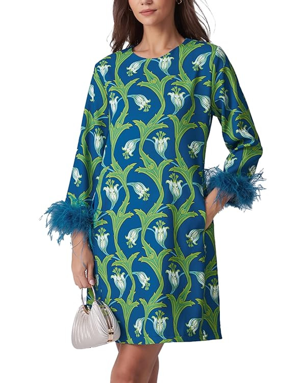 D-Sun Women Feather Dress Round Neck Casual 3/4 Feather Sleeves Party Dress Elegant Wedding Guest... | Amazon (US)
