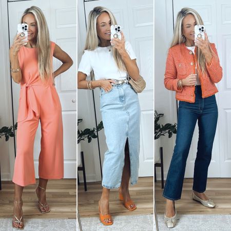 Spring outfit ideas!
Styling a coral jumpsuit, denim midi skirt, and cropped tweed jacket!