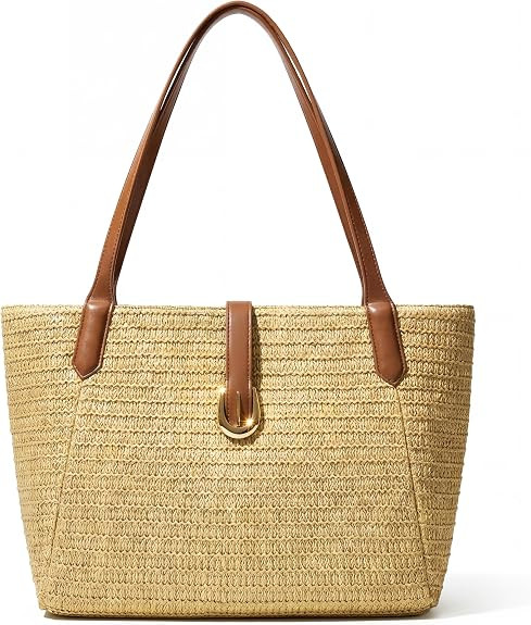 Straw Beach Bag for Women, Woven Raffia Summer Tote with Leather Handles, Boho Vacation Resort Sh... | Amazon (US)