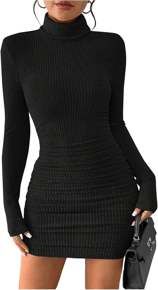 Floerns Women's Long Sleeve Sweater Dress Ruched Mock Neck Fall Clothes Bodycon Mini Dress | Amazon (US)