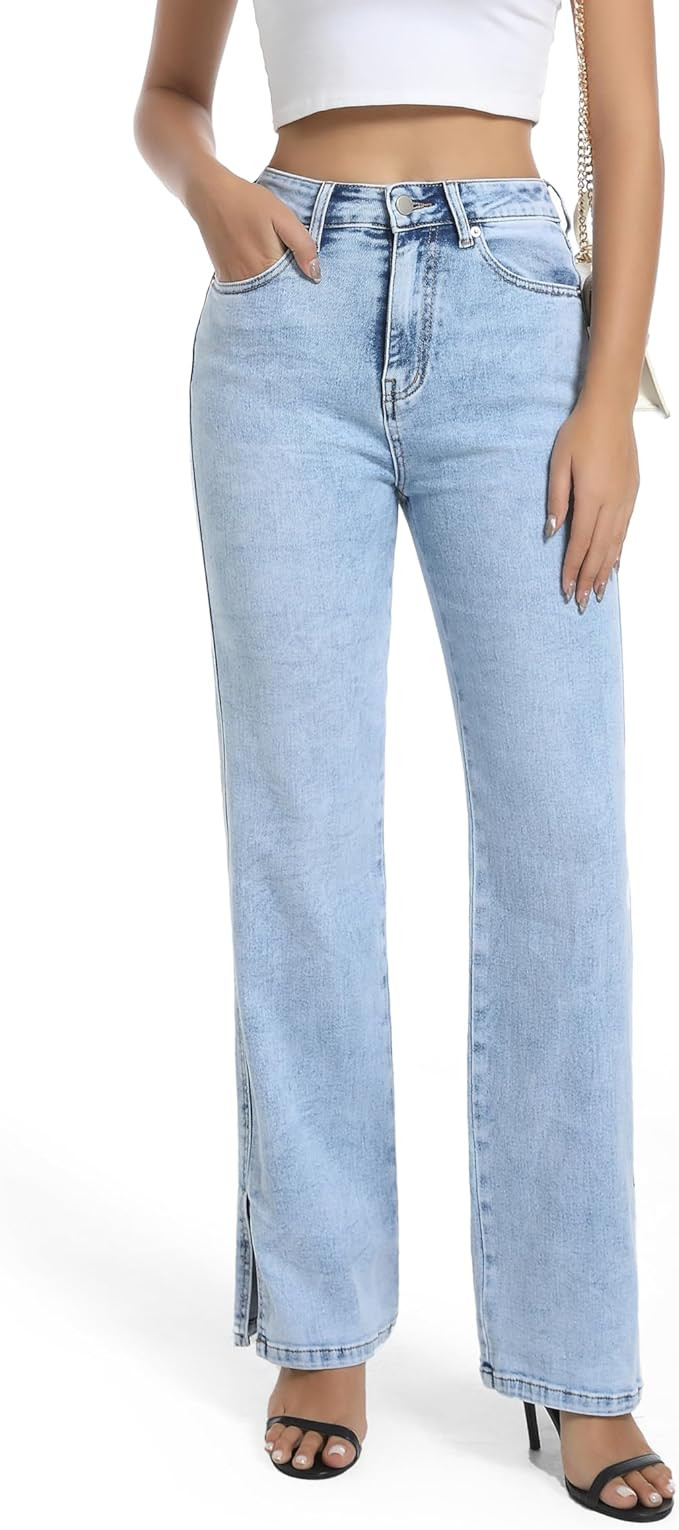 Womens Jeans High Waisted Stretchy Straight Leg Jeans Split Hem Jeans for Women Trendy Classic De... | Amazon (US)