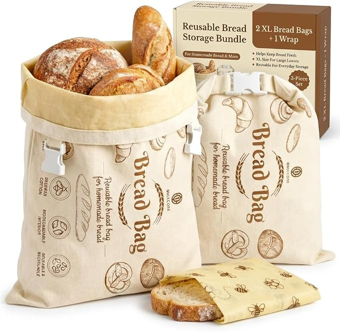 Cotton Beeswax Bread Bags for Sourdough - 3 Pack Reusable 2XL Set with Beeswax Wrap & Buckle Clos... | Amazon (US)