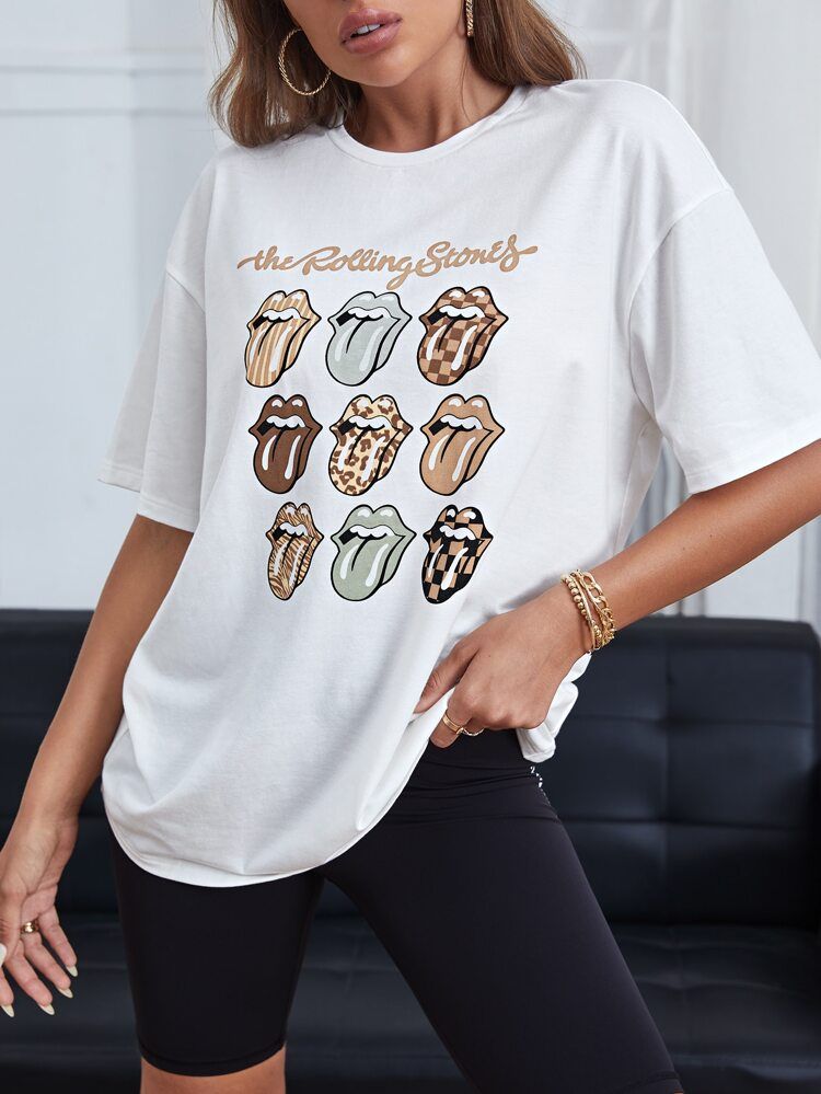 THE ROLLING STONES Mouth & Letter Graphic Drop Shoulder Tee | SHEIN