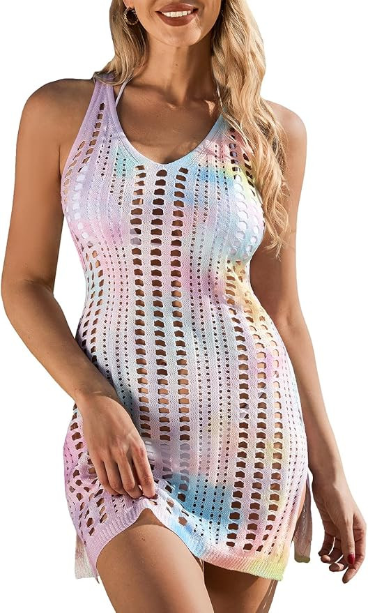 Swimsuit Coverup for Women Bathing Suit Cover ups Crochet Beach Tank Dress Hollow Out Slit Bikini... | Amazon (US)