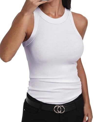 GEMBERA Womens Sleeveless Racerback High Neck Basic Ribbed Knit Fitted Tank Top White M | Amazon (US)