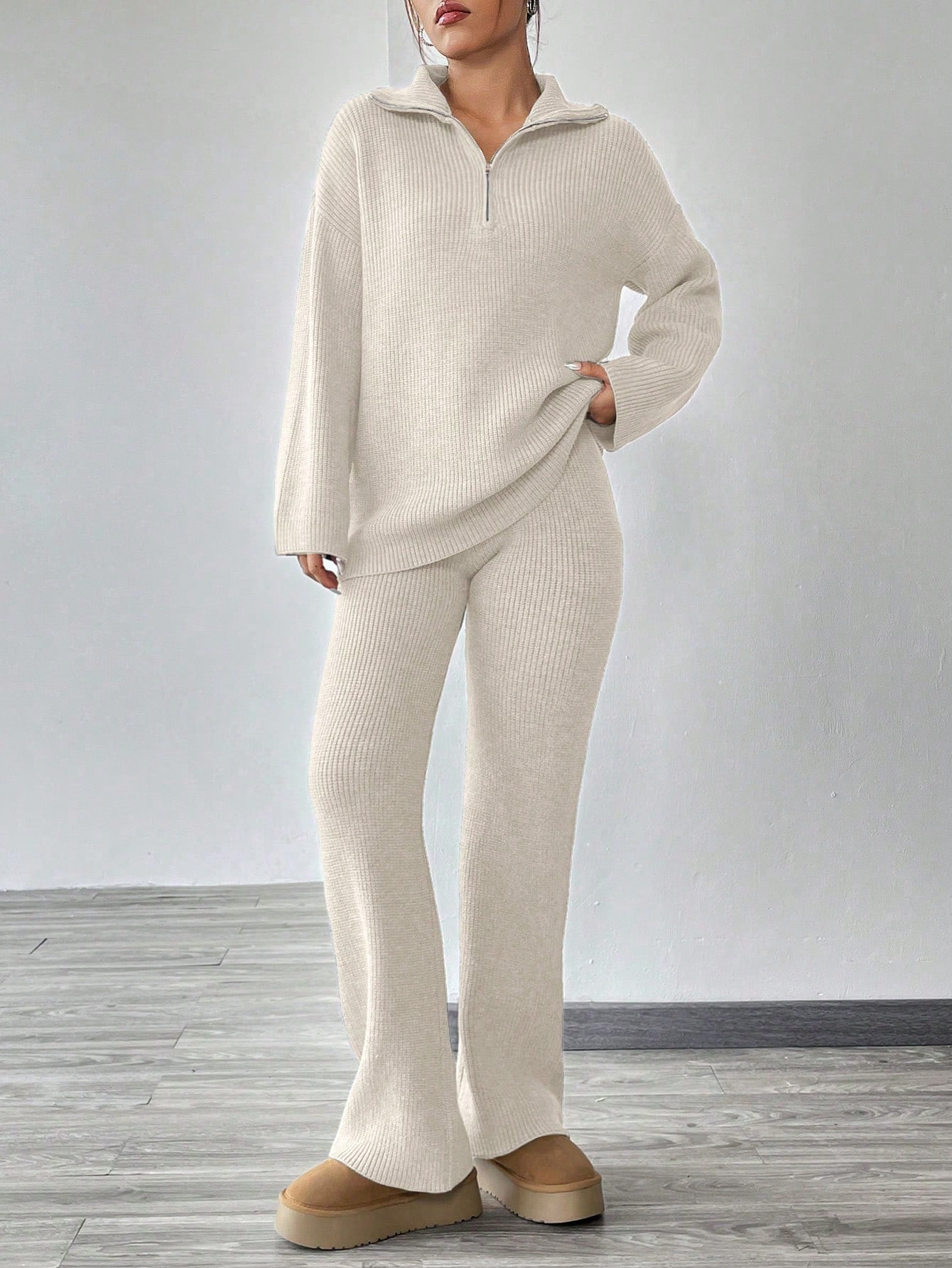 SHEIN MOOSTA Knitted Sweater With Zipper And Knitted Pants Set With Dropped Shoulders | SHEIN