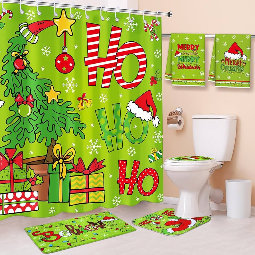 6 Pcs Christmas Shower Curtain Sets Lime Green and Red Merry Christmas Bathroom Set Waterproof Sh... | Amazon (US)