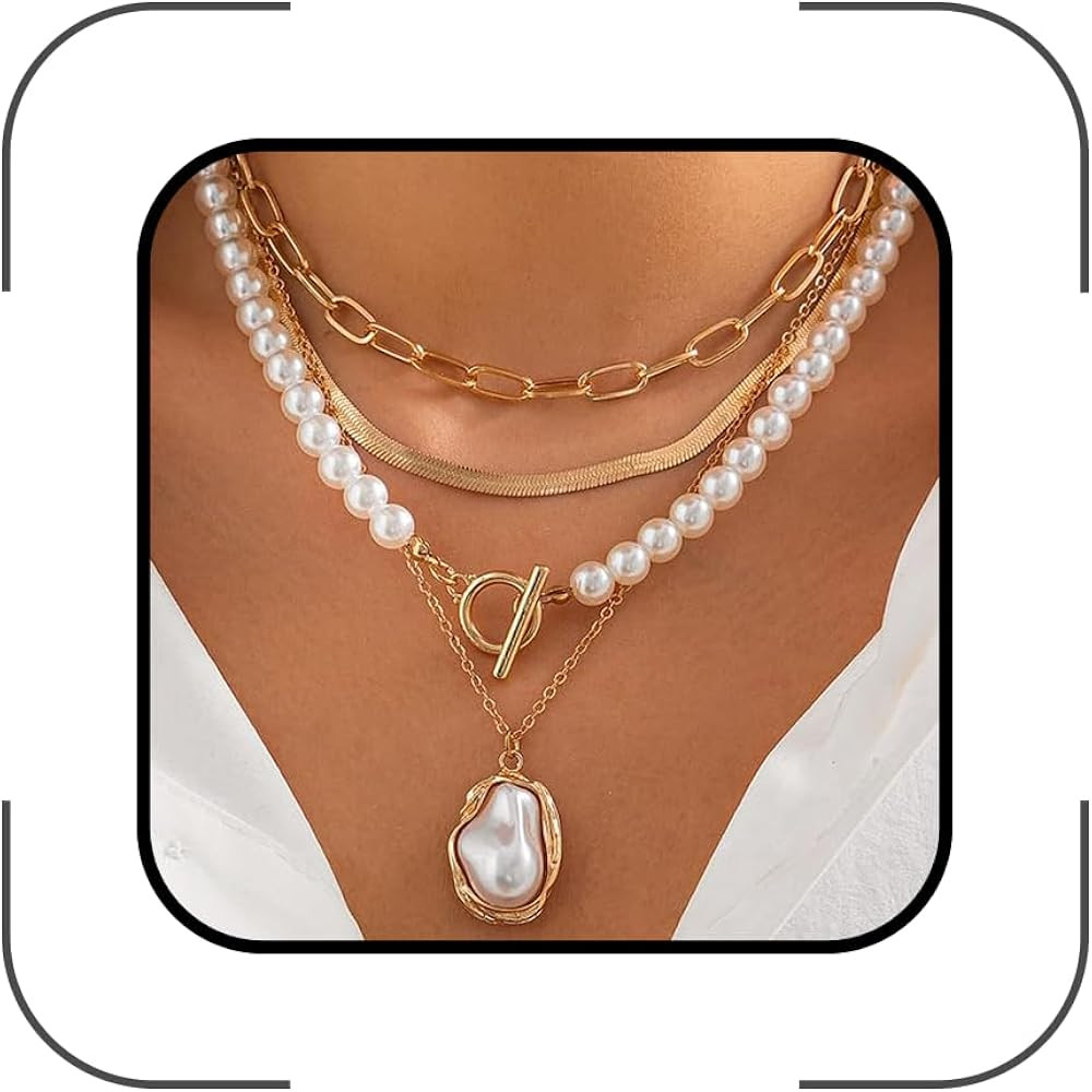 Layered Pearl Necklace for Women,Chunky Baroque Pearl Statement Necklace,Gold Irregular Bead Neck... | Amazon (US)