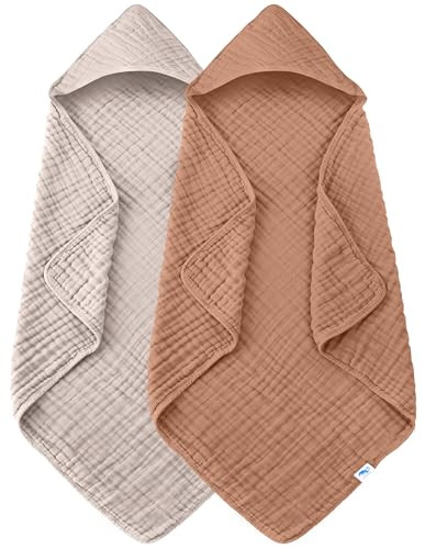 SWEET DOLPHIN Muslin Hooded Baby Bath Towels - 2 Pack 100% Cotton Towel for Babies, Infants, Toddlers - 32x32Inch - Highly Absorbent and Newborn Essential, Light Bean Paste | Amazon (US)