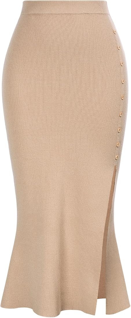 Kate Kasin Women's Skirts 2023 Ribbed Elastic High Waisted Long Stretchy Bodycon Pencil Midi Skirts with Slit | Amazon (US)