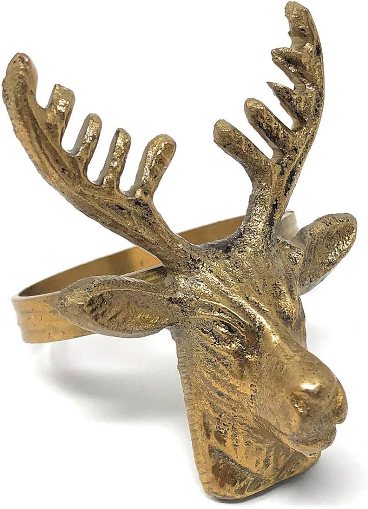 Accent Decor Deer Head Brass Napkin Rings in Jute Bag, Set of 6 | Amazon (US)