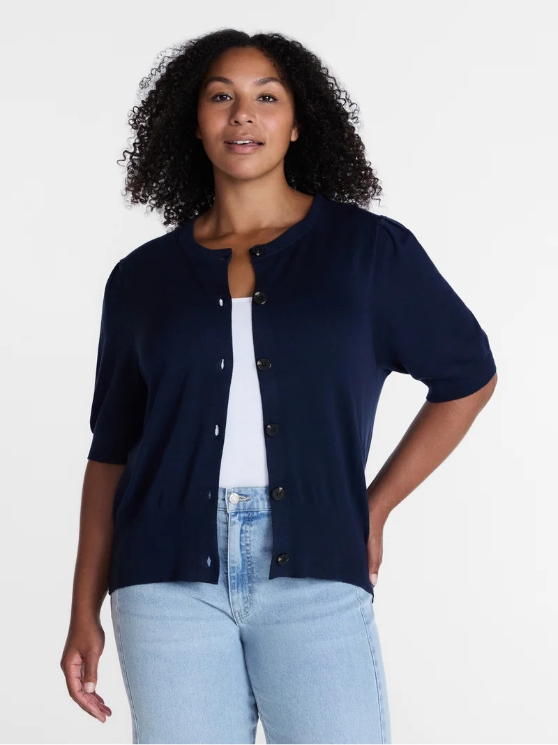 Time and Tru Women's Crewneck Cardigan with Short Sleeves, Lightweight, Sizes XS-XXXL | Walmart (US)