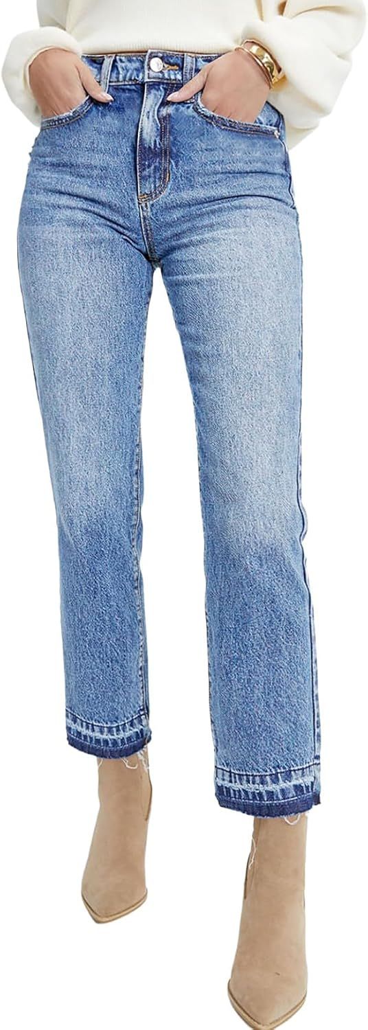 Astylish Womens High Waisted Straight Leg Ankle Jeans Casual Stretch Denim Pants | Amazon (US)