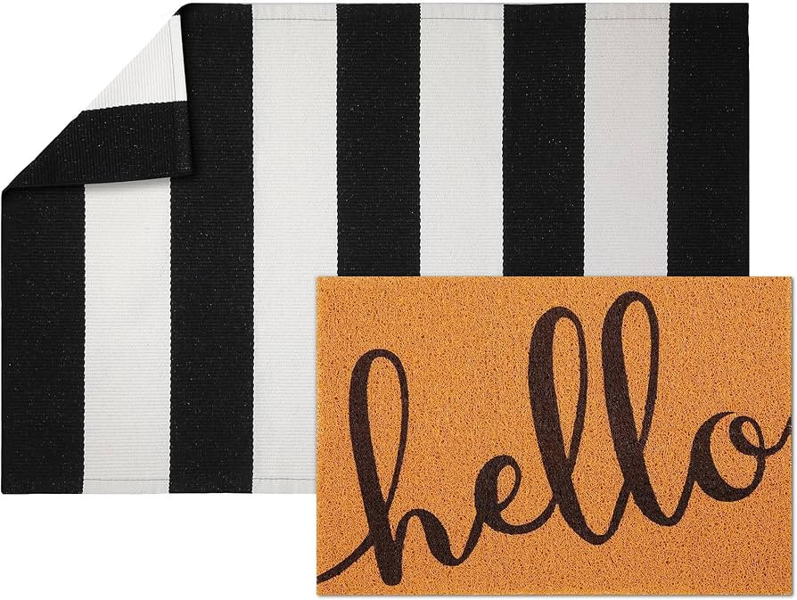 2 Pcs Front Door Mat Set Includes 24 x 35 Black and White Striped Mat 16 x 24 Coir Door Mat Washa... | Amazon (US)