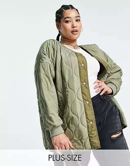 Noisy May Curve collarless onion quilted jacket in khaki | ASOS (Global)