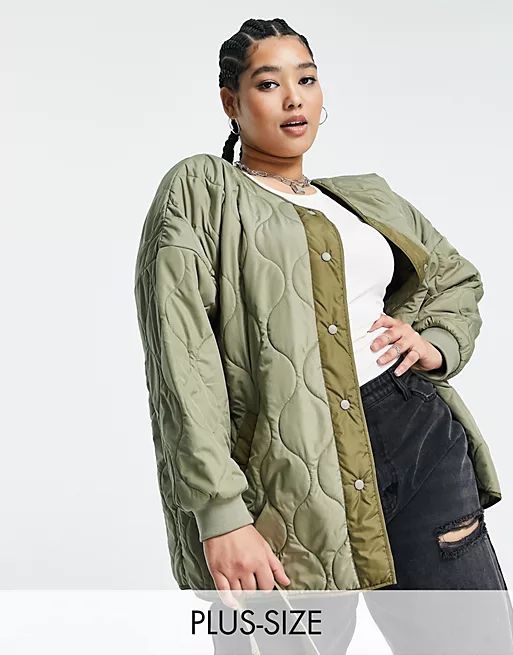 Noisy May Curve collarless onion quilted jacket in khaki | ASOS | ASOS (Global)