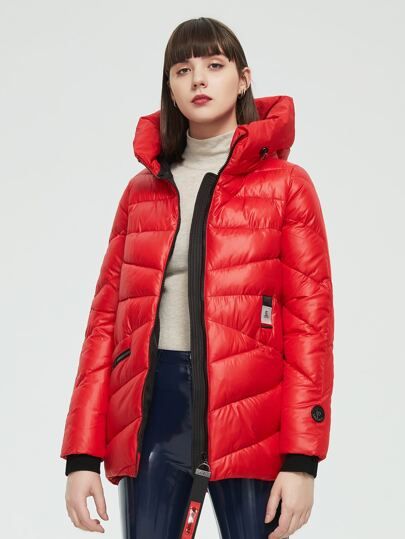 Colourblock Zip Up Patched Detail Tape Hooded Winter Coat | SHEIN
