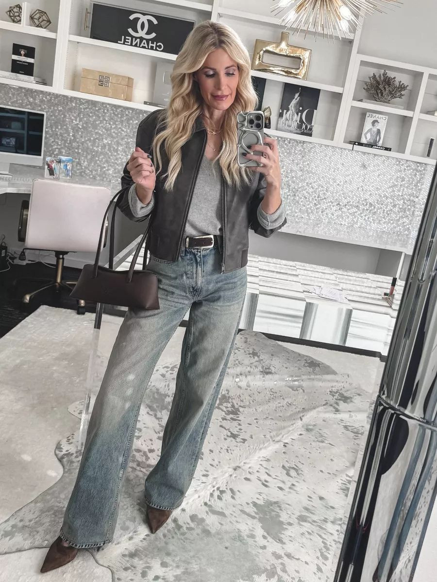 A gray faux leather bomber = the ultimate cool-girl wardrobe staple 🤍 This one is 50% off right now, which makes it even better. I layered it over this fabulous gray cashmere sweater—another must-have that will go the distance in your winter wardrobe. It’s from Quince, so you’re getting real cashmere at an incredible price (we love a luxe look that makes sense). Finished the look with these high-waisted wide-leg jeans—I’m obsessed with this unique wash. Effortless, flattering, and so easy to style. ✨ Fit notes: everything runs true to size – Jacket: XS – Sweater: XS – Denim: size 24 

 

#LTKOver40 #LTKSaleAlert #LTKFindsUnder100
