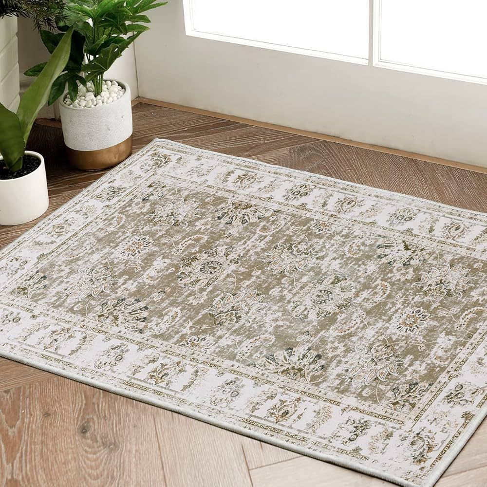 COLLACT Area Rug 2x3 Doormat Taupe Persian Rug Kitchen Vintage Rug Hallway Floral Print Floor Cov... | Amazon (US)