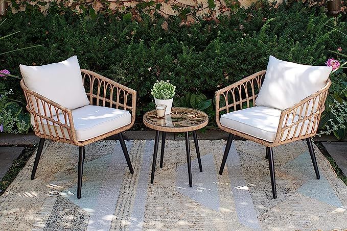 Quality Outdoor Living 65-YZ03HM Hermosa 3 Piece Chat Set, Tan Wicker + Linen Cushions | Amazon (US)