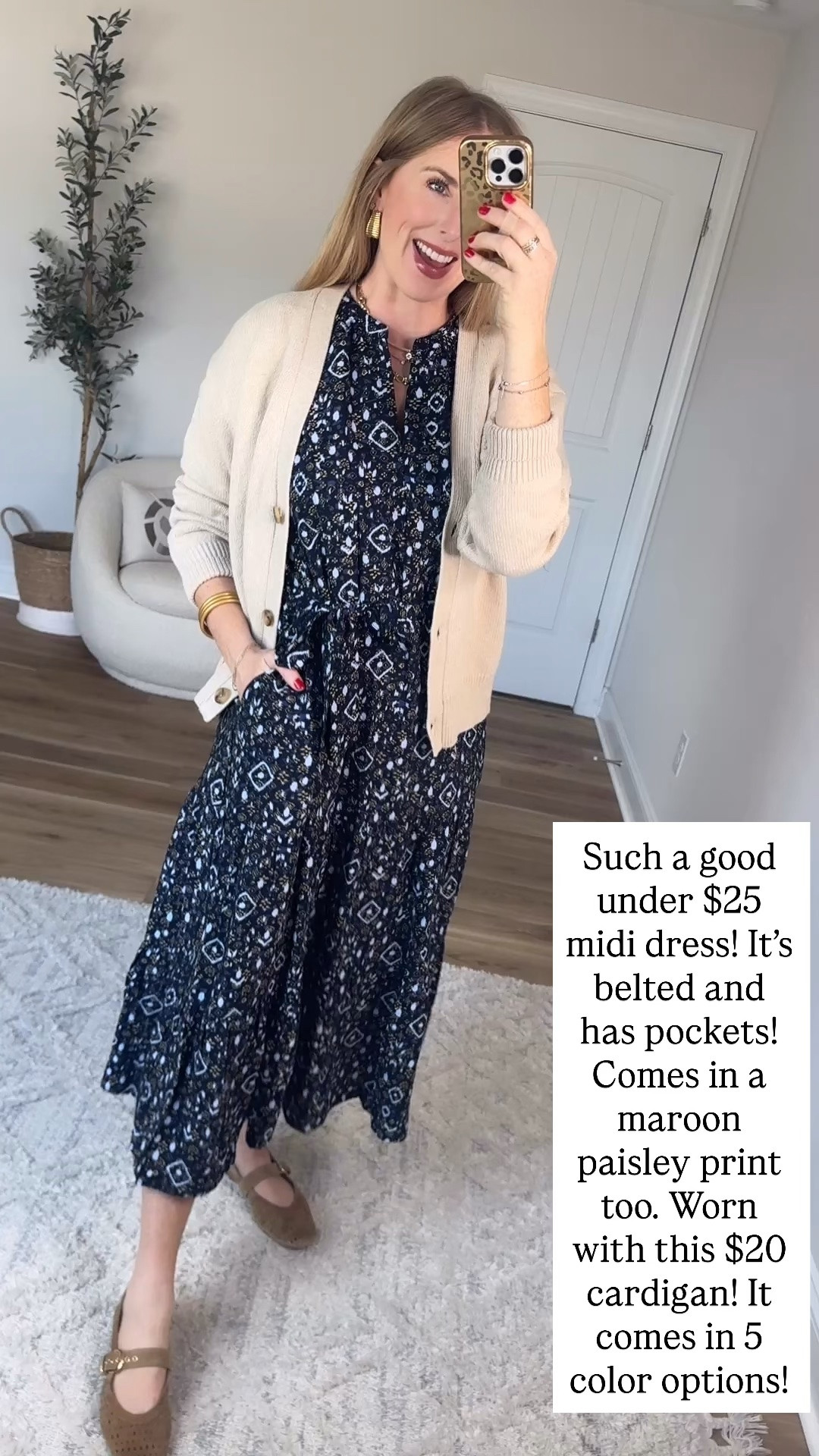 Walmart try on, scenario, midi dress, tan cardigan