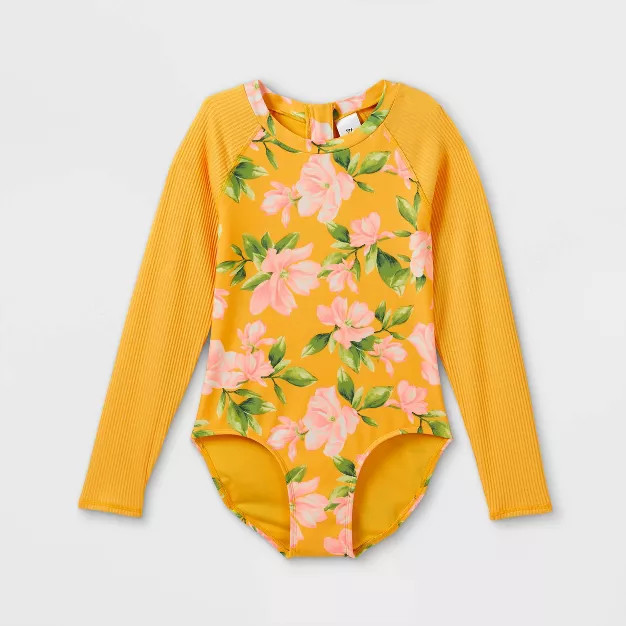Girls' Floral Print Long Sleeve Back-Zip One Piece Rash Guard - art class™ Yellow | Target