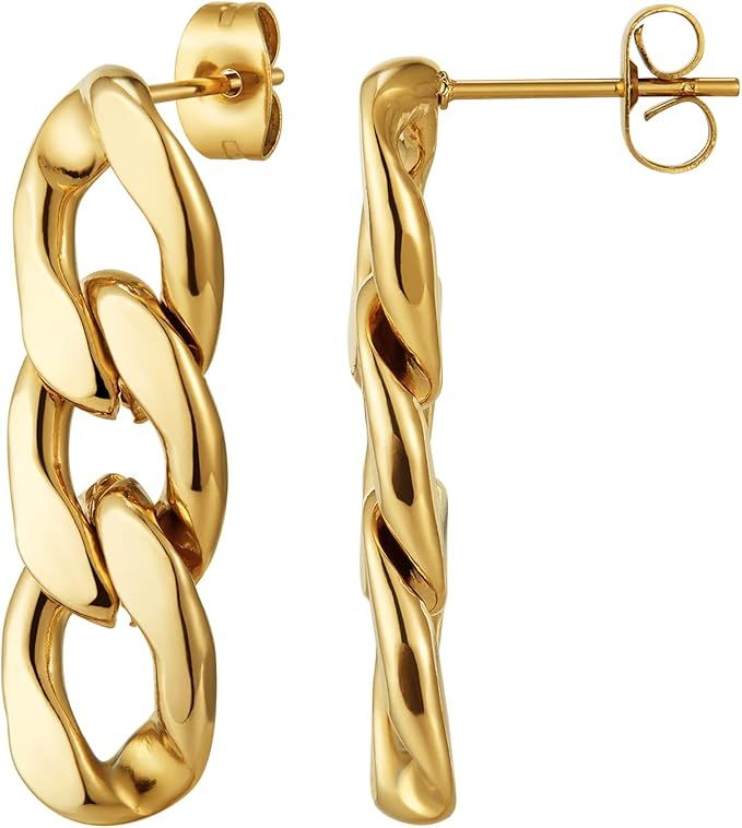 14K Gold Dangle Drop Earrings, Geometric U Shaped Small Earrings Link Chain, Hypoallergenic Comfo... | Amazon (US)