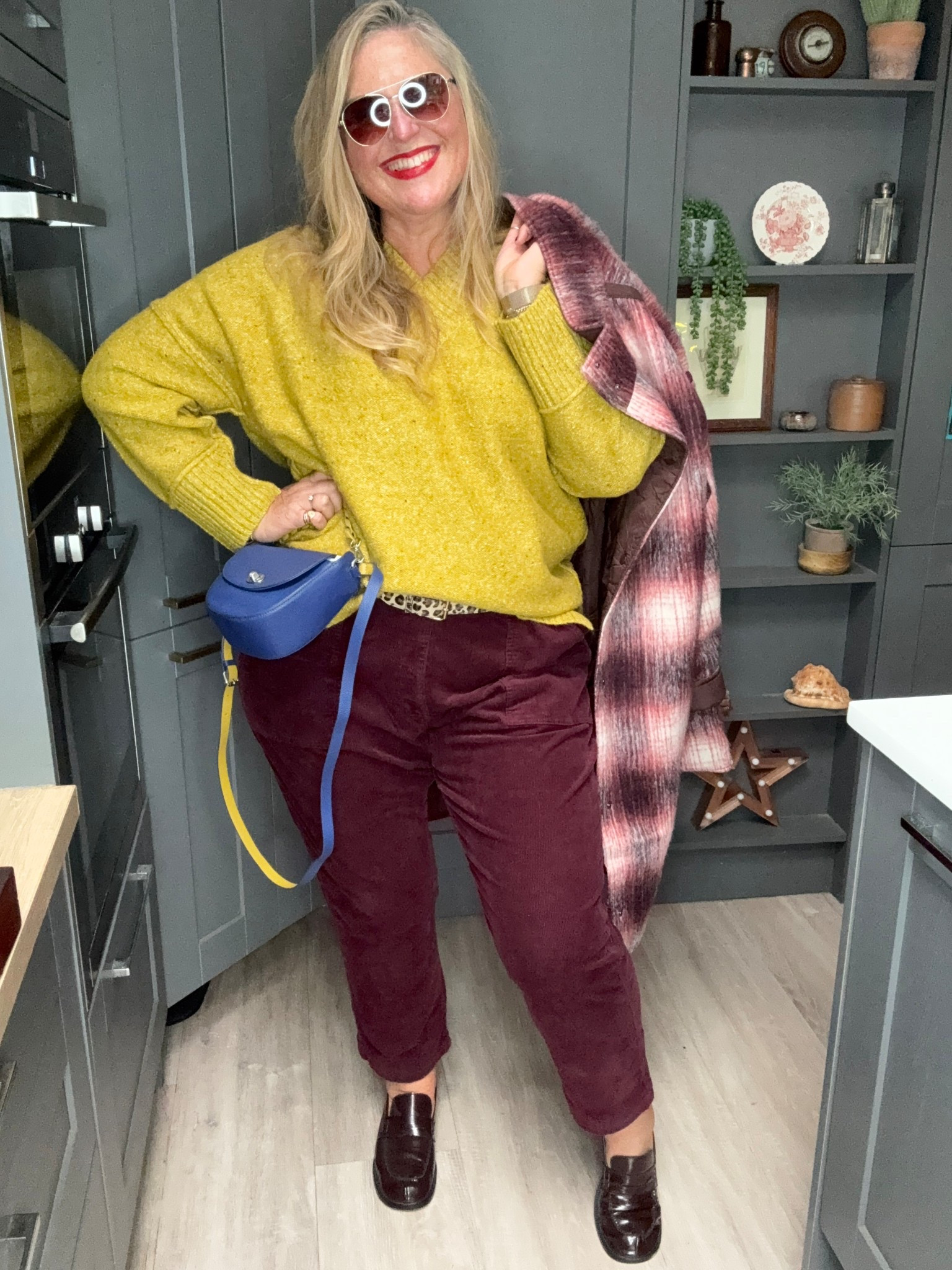 Burgundy cords, mustard jumper, blue bag, check coat, loafers, sunglasses 

#LTKautumn #LTKplussize #LTKwinter
