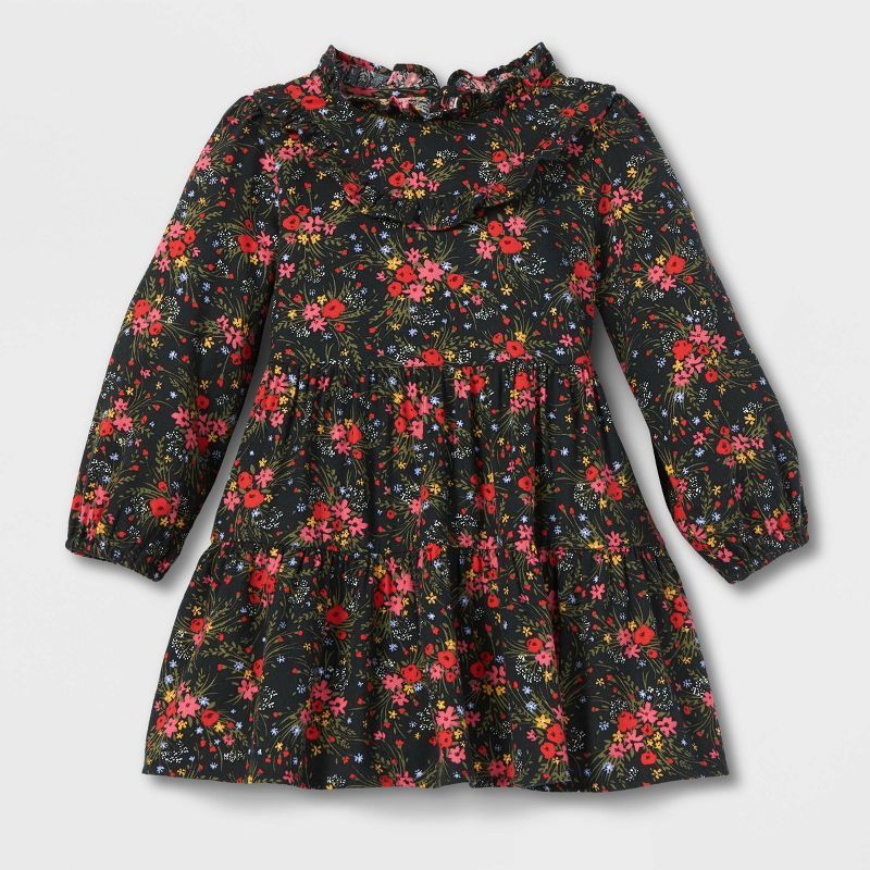 Toddler Girls' Floral Ruffle Mock Neck Long Sleeve Dress - Cat & Jack™ Black | Target