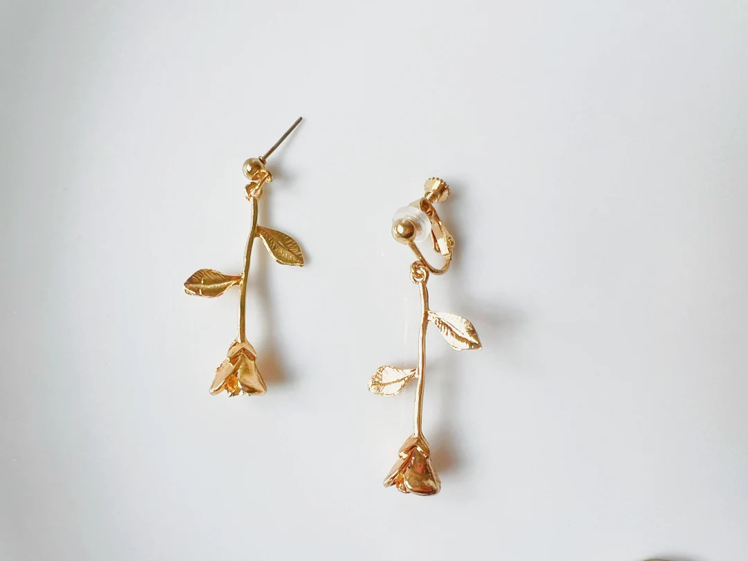 Dainty Rose Dangle Earrings, Gift for Her - Etsy | Etsy (US)