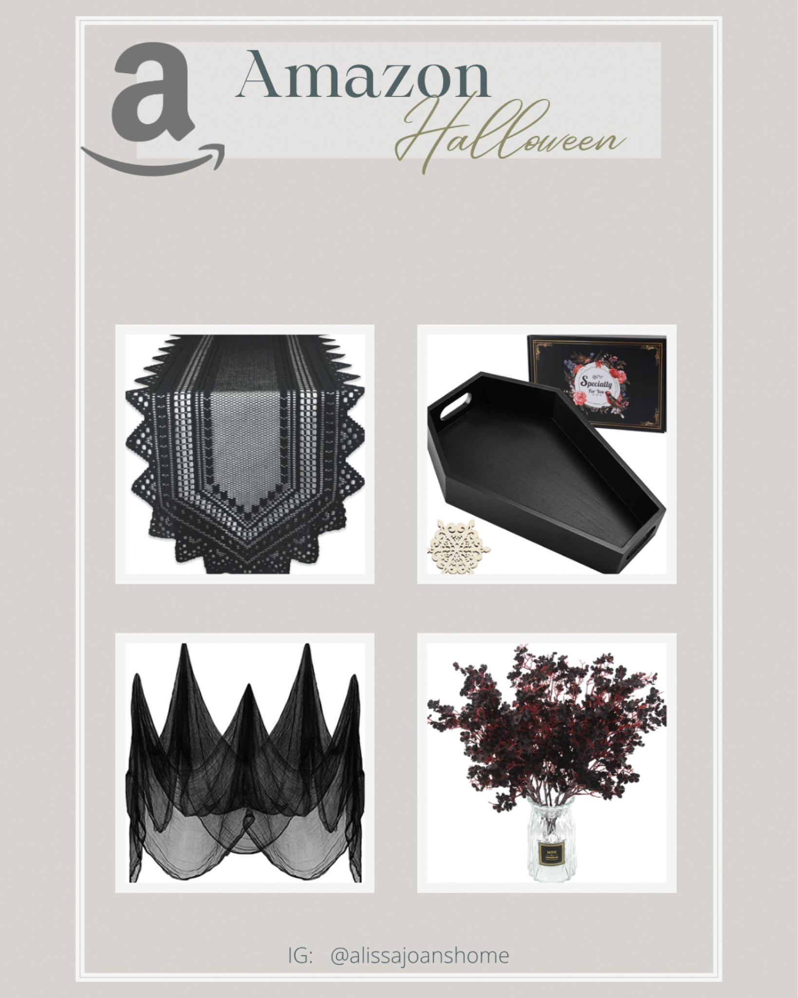 Amazon Halloween Home decor! 

Coffin serving platter, perfect for appetizers, a cheese or charcuterie board, drinks etc! 

Black spider webbing, black faux greenery, black table runnerr

#LTKSeasonal #LTKHome #LTKParties