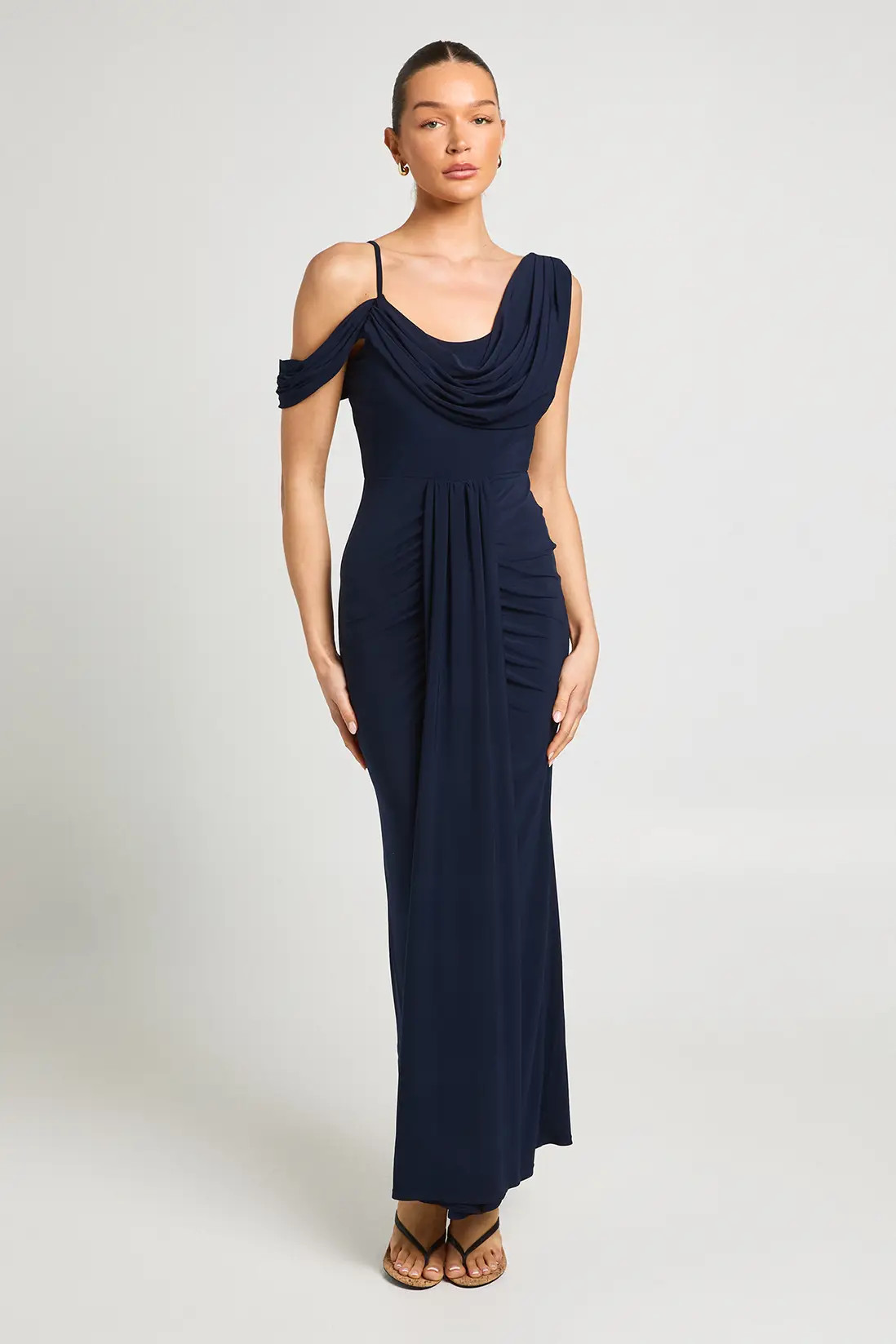 Navy Double Layer Slinky Drape Front Cold Shoulder Maxi Dress | Boohoo | Boohoo.com (UK & IE)