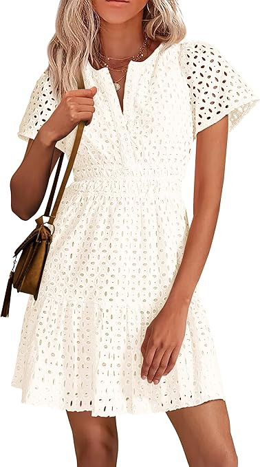 PRETTYGARDEN Women's 2026 Summer Mini Dress Short Sleeve V Neck A Line Hollow Out Lace Ruffle Cut... | Amazon (CA)