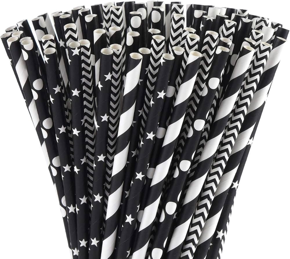 ALINK Biodegradable Black Paper Straws, 100 Stars/Dots/Stripes/Waves Drinking Straws for Juice, C... | Amazon (US)