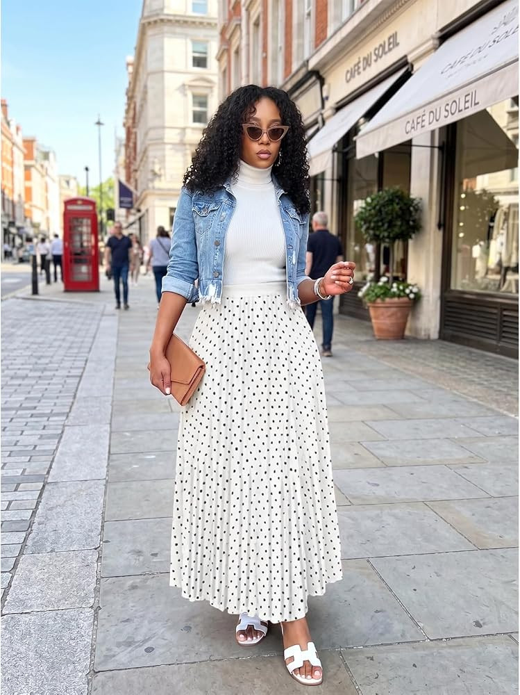Women's Pleated Skirt Maxi Flowy Polka Dot A-Line High Waist Long Skirts | Amazon (US)